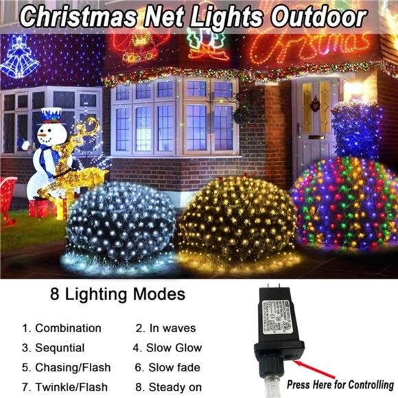 510 LED Christmas Net Lights 27.9ft x 5ft Mesh Lights Outdoor Clear Wire 8 modes - Picture 3 of 7